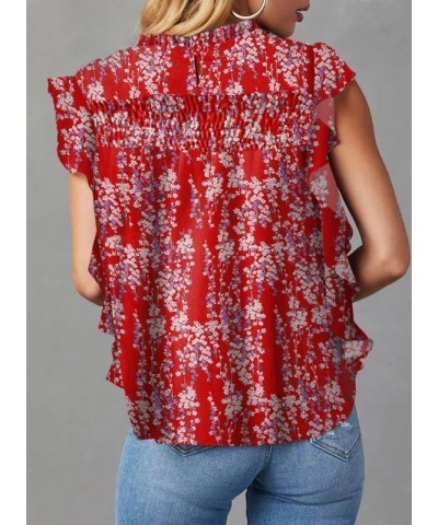 Womens Summer Tops Casual Crewneck Floral Print Shirts Smocked Ruffle Short Sleeve Babydoll Blouses Red $12.90 Blouses