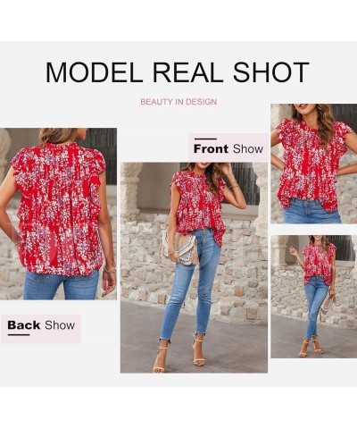 Womens Summer Tops Casual Crewneck Floral Print Shirts Smocked Ruffle Short Sleeve Babydoll Blouses Red $12.90 Blouses