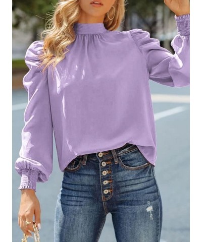 Womens 2024 Long Sleeve High Neck Puff Long Sleeve Casual Loose Shirts Tops and Blouses Purple $17.00 Blouses