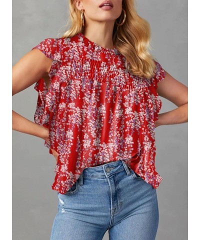 Womens Summer Tops Casual Crewneck Floral Print Shirts Smocked Ruffle Short Sleeve Babydoll Blouses Red $12.90 Blouses