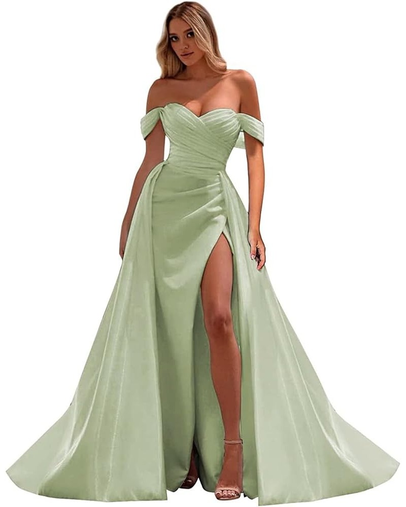 Off The Shoulder Prom Dresses Mermaid Ruched Split Ball Gowns for Women Formal Dress Long Satin Sage $32.25 Dresses