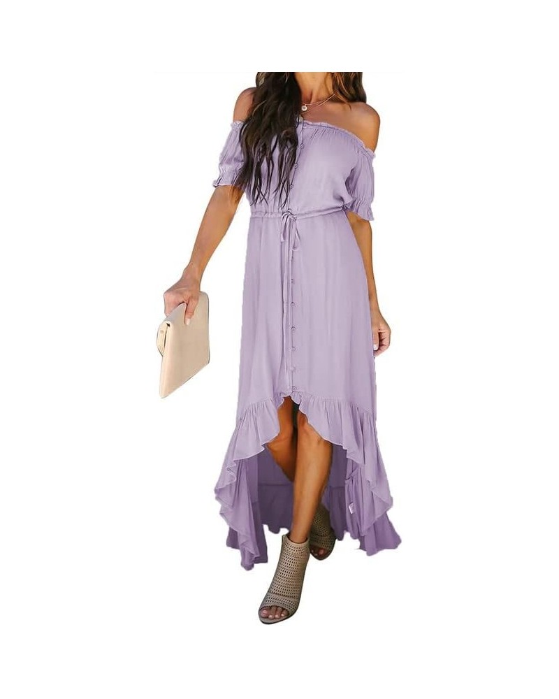 Womens 2023 Off The Shoulder Casual Short Sleeve Maxi Dress High Low Solid Cocktail Skater Dresses Purple $22.84 Dresses