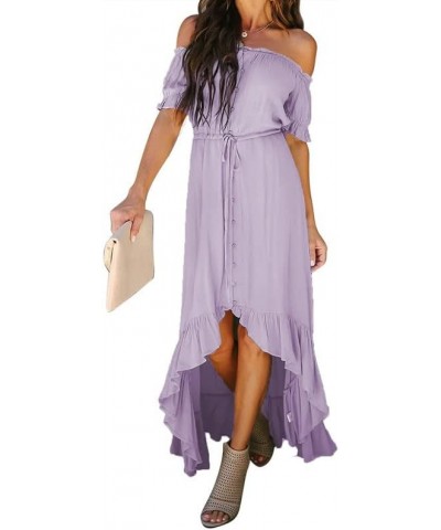 Womens 2023 Off The Shoulder Casual Short Sleeve Maxi Dress High Low Solid Cocktail Skater Dresses Purple $22.84 Dresses