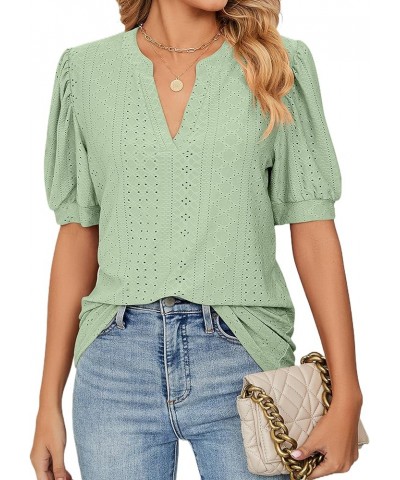 Womens Tops Dressy Casual Puff Long Sleeve V Neck Work Shirt Eyelet Loose Tunic Blouse Short Sleeve Light Green $18.70 Blouses