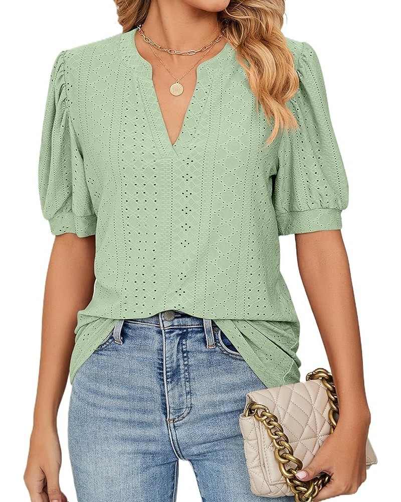 Womens Tops Dressy Casual Puff Long Sleeve V Neck Work Shirt Eyelet Loose Tunic Blouse Short Sleeve Light Green $18.70 Blouses