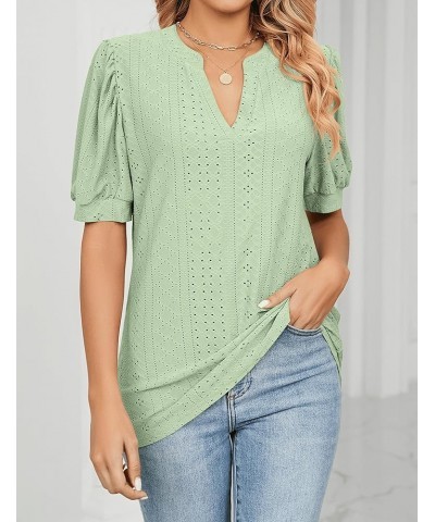 Womens Tops Dressy Casual Puff Long Sleeve V Neck Work Shirt Eyelet Loose Tunic Blouse Short Sleeve Light Green $18.70 Blouses