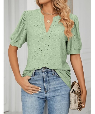 Womens Tops Dressy Casual Puff Long Sleeve V Neck Work Shirt Eyelet Loose Tunic Blouse Short Sleeve Light Green $18.70 Blouses