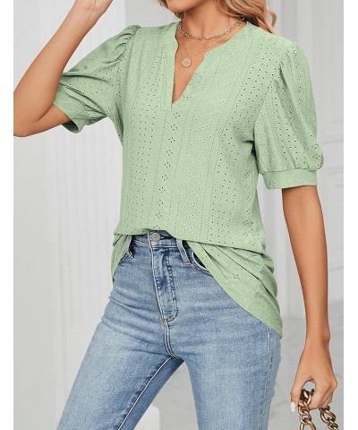 Womens Tops Dressy Casual Puff Long Sleeve V Neck Work Shirt Eyelet Loose Tunic Blouse Short Sleeve Light Green $18.70 Blouses