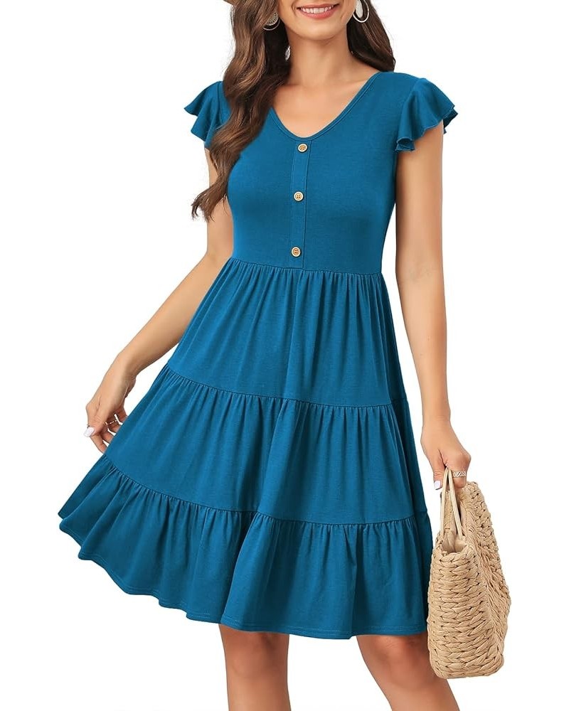 Summer Dresses for Women 2023 Casual V Neck Button Down Ruffle Sleeve Short Tiered Baby Doll Beach Swing Sundresses Acid Blue...