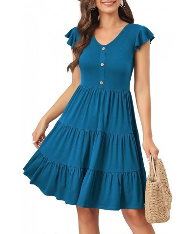 Summer Dresses for Women 2023 Casual V Neck Button Down Ruffle Sleeve Short Tiered Baby Doll Beach Swing Sundresses Acid Blue...