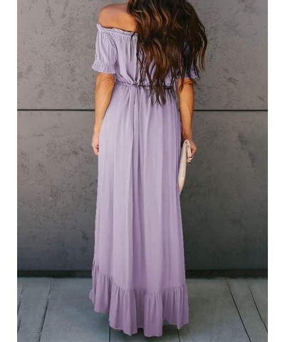 Womens 2023 Off The Shoulder Casual Short Sleeve Maxi Dress High Low Solid Cocktail Skater Dresses Purple $22.84 Dresses