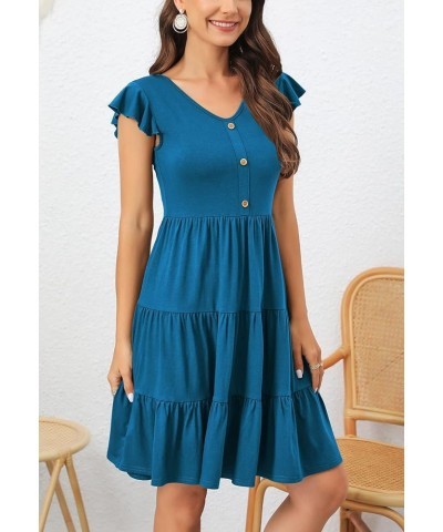 Summer Dresses for Women 2023 Casual V Neck Button Down Ruffle Sleeve Short Tiered Baby Doll Beach Swing Sundresses Acid Blue...