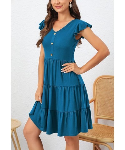 Summer Dresses for Women 2023 Casual V Neck Button Down Ruffle Sleeve Short Tiered Baby Doll Beach Swing Sundresses Acid Blue...