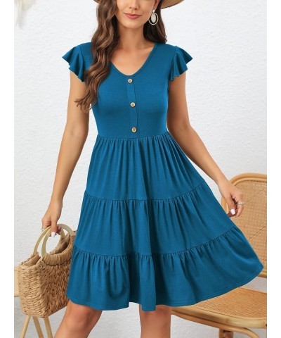 Summer Dresses for Women 2023 Casual V Neck Button Down Ruffle Sleeve Short Tiered Baby Doll Beach Swing Sundresses Acid Blue...