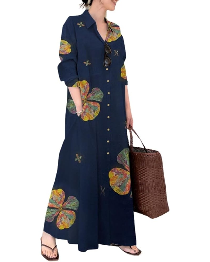 Womens Button Down Shirt Dress Cotton Linen V Neck Long Sleeve Casual Maxi Dress Loose Beach Sundress with Pockets Z10-navy $...