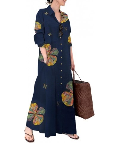 Womens Button Down Shirt Dress Cotton Linen V Neck Long Sleeve Casual Maxi Dress Loose Beach Sundress with Pockets Z10-navy $...