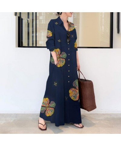 Womens Button Down Shirt Dress Cotton Linen V Neck Long Sleeve Casual Maxi Dress Loose Beach Sundress with Pockets Z10-navy $...