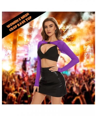 See Through Halloween Mesh Crop Top Long Sleeve Rave Top for Women Festival Tops Outfit Sheer Open Front Fishnet Cover Up Pur...