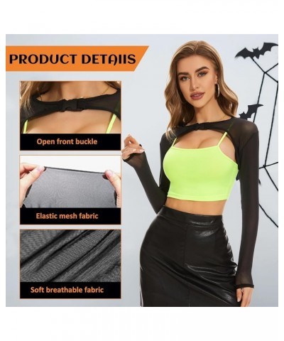 See Through Halloween Mesh Crop Top Long Sleeve Rave Top for Women Festival Tops Outfit Sheer Open Front Fishnet Cover Up Pur...