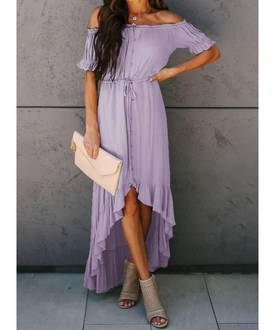 Womens 2023 Off The Shoulder Casual Short Sleeve Maxi Dress High Low Solid Cocktail Skater Dresses Purple $22.84 Dresses