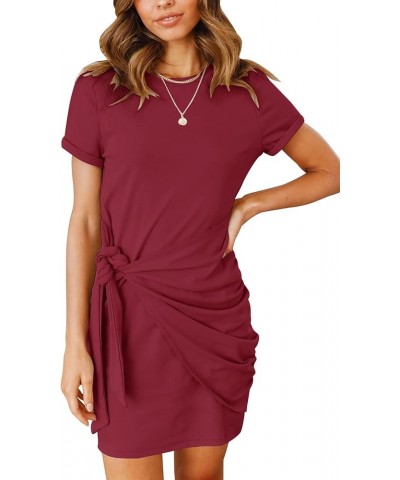 Women's Short Sleeve Crew Neck T Shirt Dress Tie Waist Ruched Bodycon Mini Dress Red $19.13 Dresses