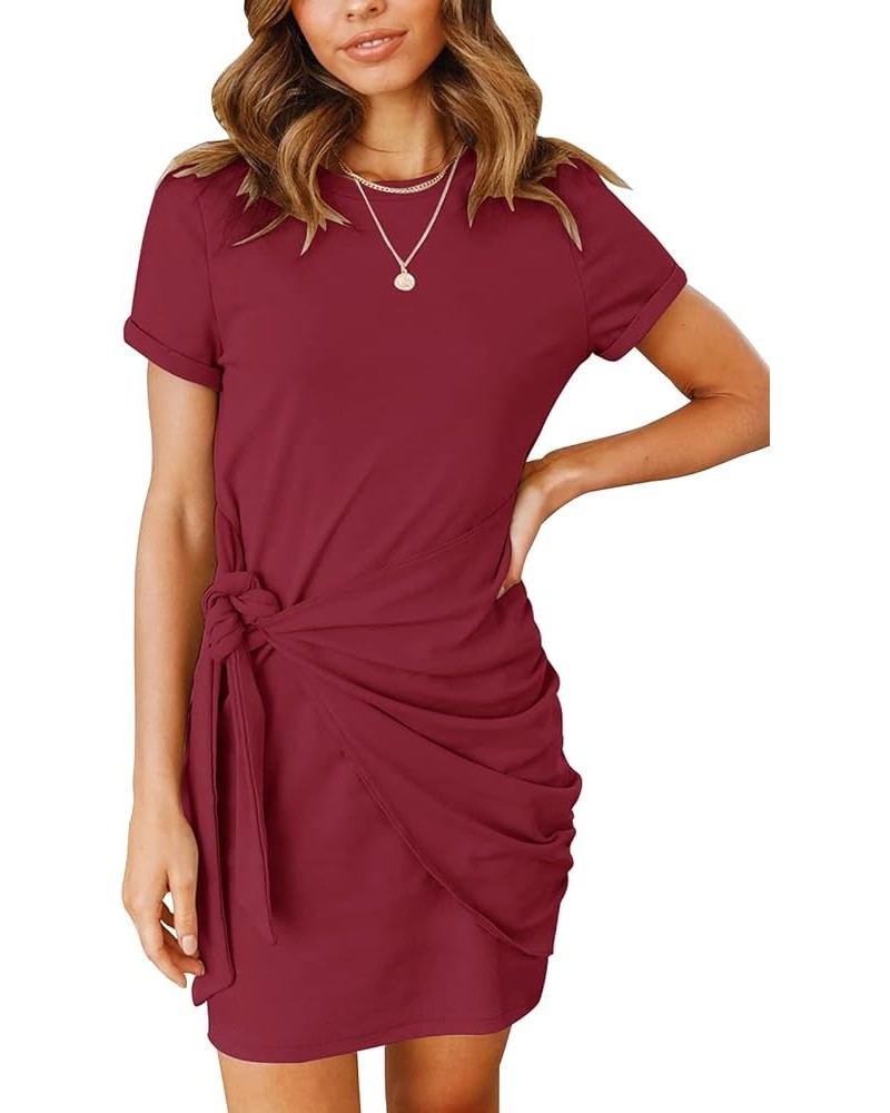 Women's Short Sleeve Crew Neck T Shirt Dress Tie Waist Ruched Bodycon Mini Dress Red $19.13 Dresses