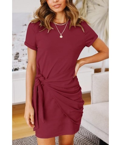 Women's Short Sleeve Crew Neck T Shirt Dress Tie Waist Ruched Bodycon Mini Dress Red $19.13 Dresses