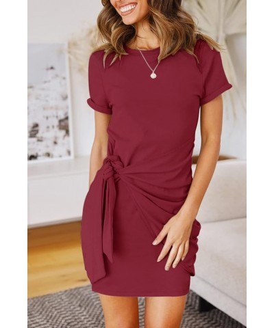 Women's Short Sleeve Crew Neck T Shirt Dress Tie Waist Ruched Bodycon Mini Dress Red $19.13 Dresses