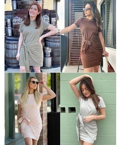 Women's Short Sleeve Crew Neck T Shirt Dress Tie Waist Ruched Bodycon Mini Dress Red $19.13 Dresses