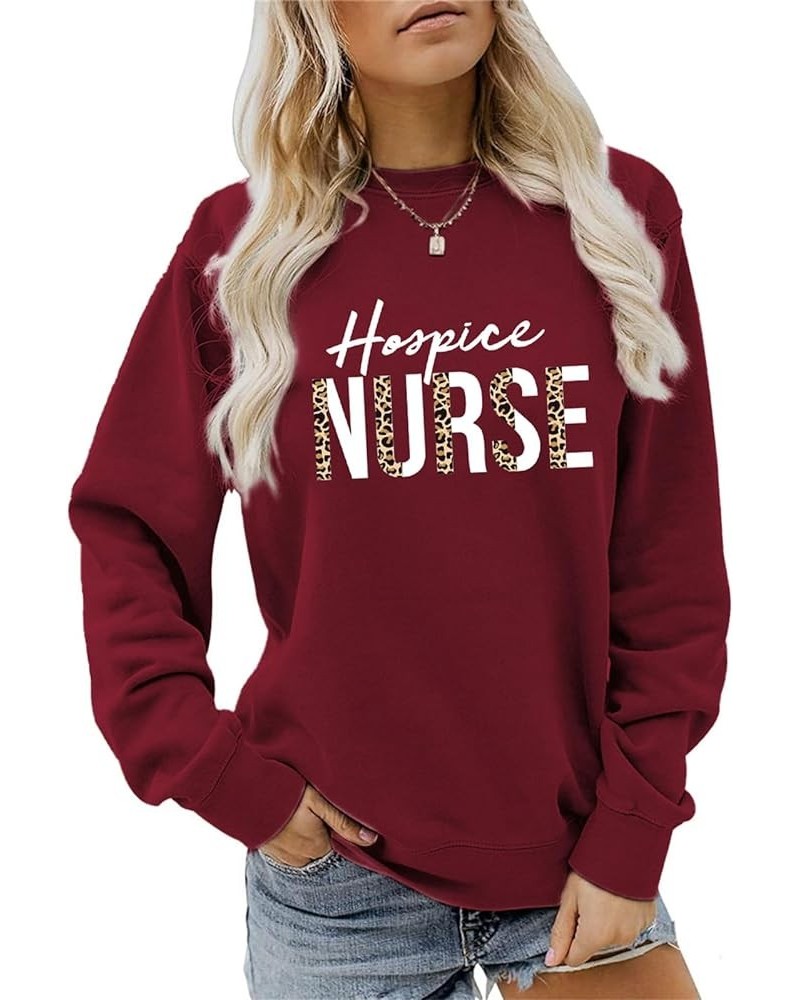 Hospice Nurse Sweatshirt Womens Leopard Graphic Crewneck Pullover Tops Registered Nurse Shirts Nursing Student Gifts Wine Red...