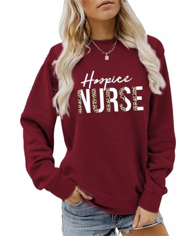 Hospice Nurse Sweatshirt Womens Leopard Graphic Crewneck Pullover Tops Registered Nurse Shirts Nursing Student Gifts Wine Red...