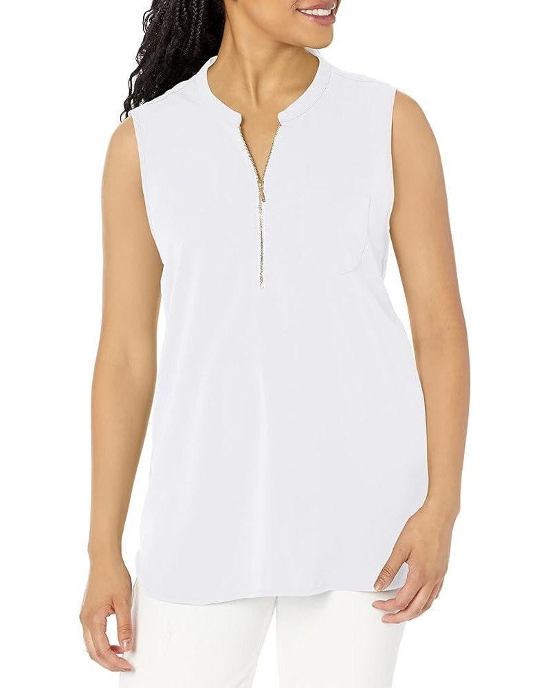 Women's Casual V Neck Sleeveless Tunics Blouses Chiffon Zipper Tank Tops White $14.62 Tanks