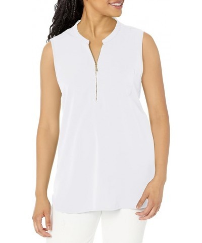 Women's Casual V Neck Sleeveless Tunics Blouses Chiffon Zipper Tank Tops White $14.62 Tanks