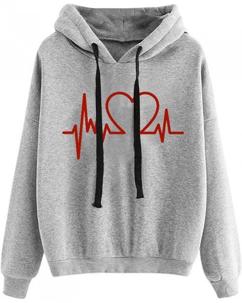 Women's Heart Print Hoodies Drawstring Long Sleeve Pullovers Tops Sweatshirts Fashion Loose Fit Comfy Fall Shirts A04_gray $3...