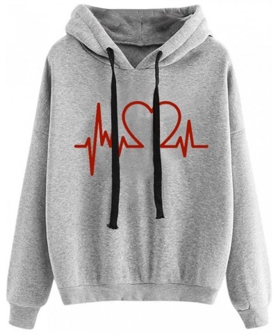 Women's Heart Print Hoodies Drawstring Long Sleeve Pullovers Tops Sweatshirts Fashion Loose Fit Comfy Fall Shirts A04_gray $3...