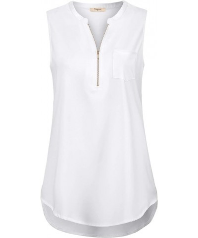 Women's Casual V Neck Sleeveless Tunics Blouses Chiffon Zipper Tank Tops White $14.62 Tanks