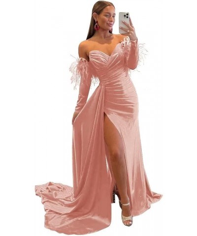 Off The Shoulder Mermaid Prom Dresses with Slit Long Sleeves Sweetheart Feather Satin Formal Party Gown Evening Dresses Cameo...