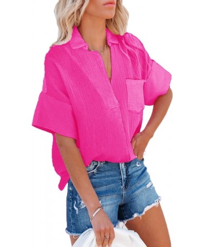 Women's Button Down Shirts Short Sleeve Blouses V Neck Casual Solid Color Tunics Tops with Pockets Hot Pink $16.11 Blouses