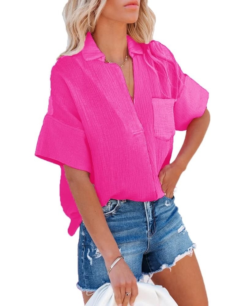 Women's Button Down Shirts Short Sleeve Blouses V Neck Casual Solid Color Tunics Tops with Pockets Hot Pink $16.11 Blouses