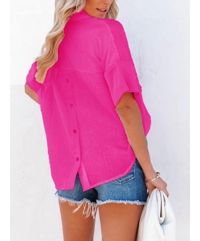 Women's Button Down Shirts Short Sleeve Blouses V Neck Casual Solid Color Tunics Tops with Pockets Hot Pink $16.11 Blouses