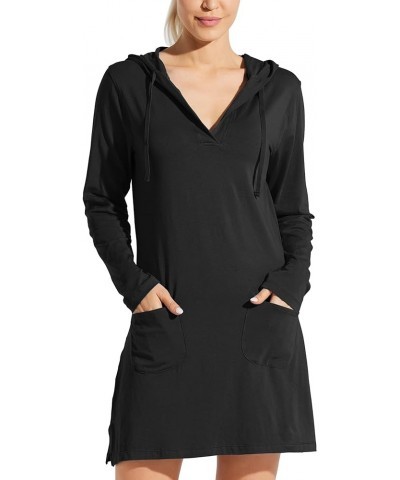 Women's Long Sleeve Cotton Swim Cover Up UPF 50+ SPF Dress Hooded with Pockets Sun Protection Beach Coverup Black $18.72 Swim...