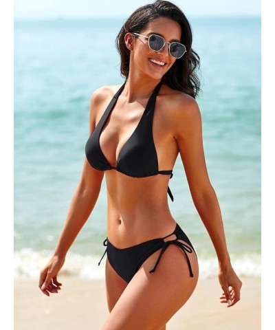 Women's Solid Halter Tie Side Bikini Set Two Piece Bathing Suit Black Plain $18.23 Swimsuits