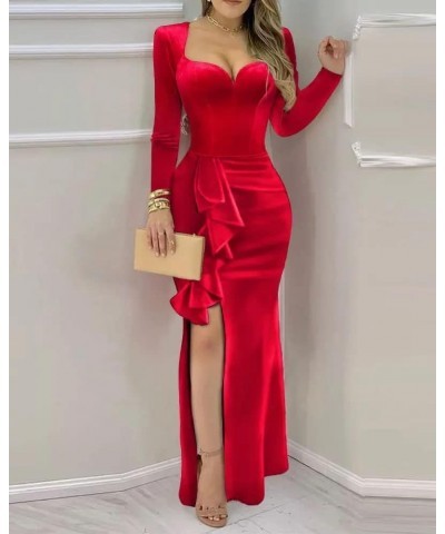 Velvet Mermaid Long Sleeve Bridesmaid Dresses for Women Formal Dress Ruffles Hem High Slit Velvet Evening Wedding Gold $33.70...