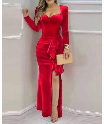 Velvet Mermaid Long Sleeve Bridesmaid Dresses for Women Formal Dress Ruffles Hem High Slit Velvet Evening Wedding Gold $33.70...