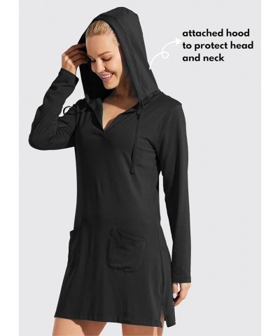 Women's Long Sleeve Cotton Swim Cover Up UPF 50+ SPF Dress Hooded with Pockets Sun Protection Beach Coverup Black $18.72 Swim...