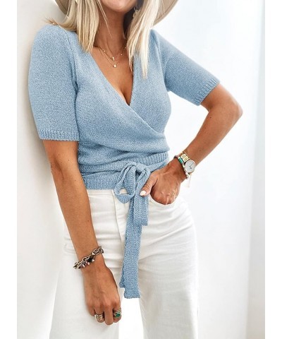 Womens Short Sleeve Sweaters Crop Tops Sexy Wrap V Neck Shirt Knit Sweater Blouse with Belt Sky Blue $17.97 Sweaters