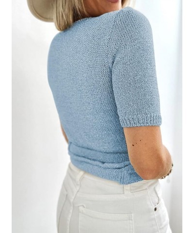 Womens Short Sleeve Sweaters Crop Tops Sexy Wrap V Neck Shirt Knit Sweater Blouse with Belt Sky Blue $17.97 Sweaters