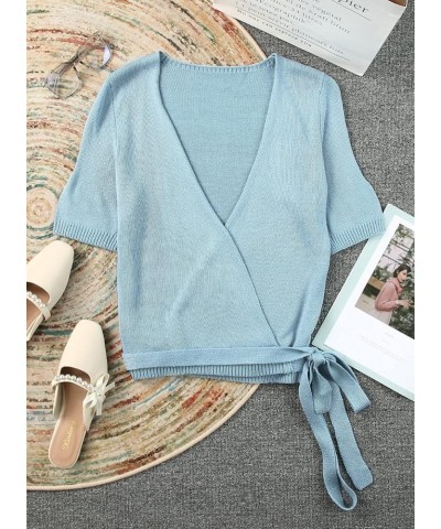 Womens Short Sleeve Sweaters Crop Tops Sexy Wrap V Neck Shirt Knit Sweater Blouse with Belt Sky Blue $17.97 Sweaters