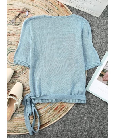 Womens Short Sleeve Sweaters Crop Tops Sexy Wrap V Neck Shirt Knit Sweater Blouse with Belt Sky Blue $17.97 Sweaters