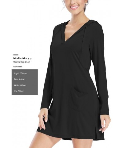 Women's Long Sleeve Cotton Swim Cover Up UPF 50+ SPF Dress Hooded with Pockets Sun Protection Beach Coverup Black $18.72 Swim...